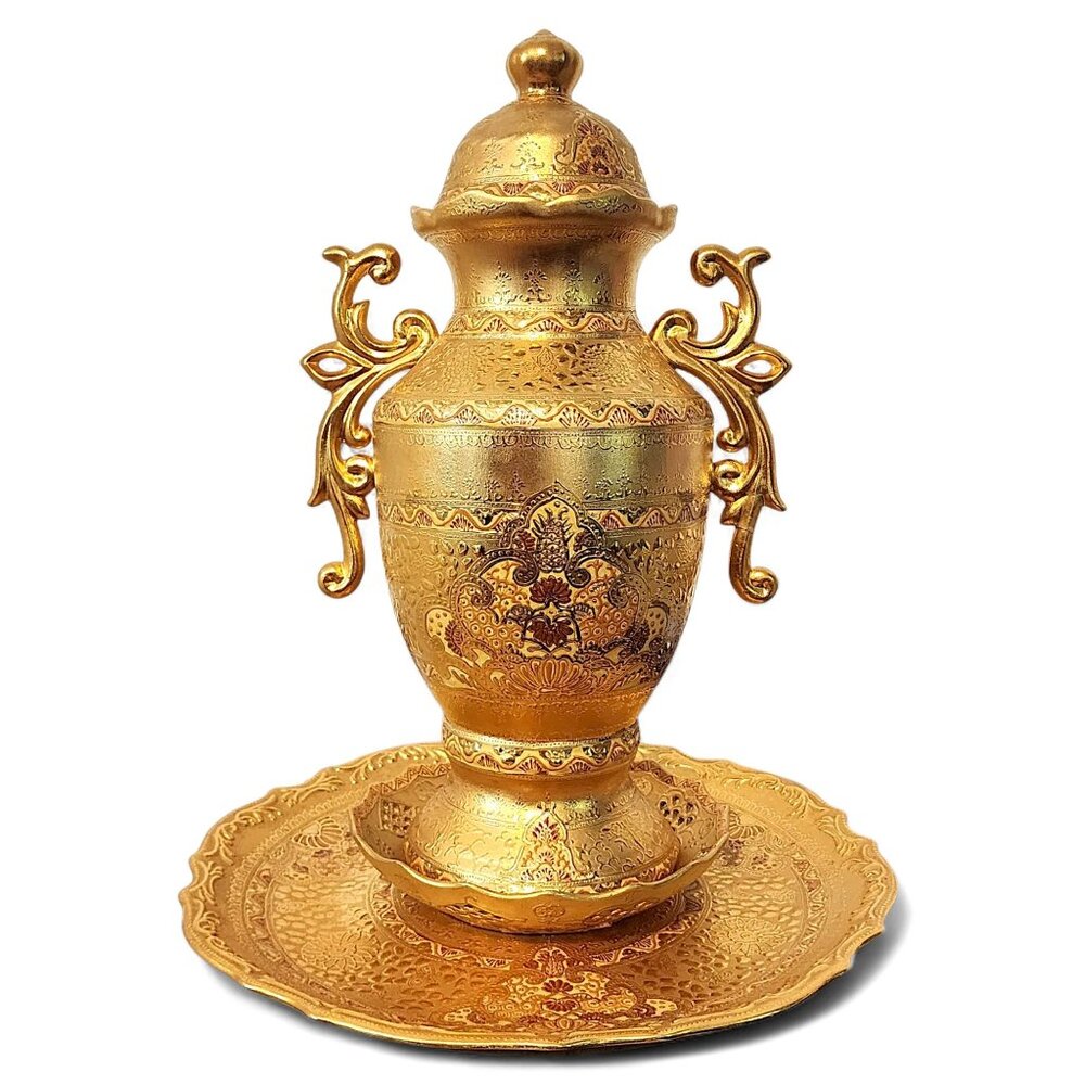 Vintage Large Decorative Gilt Urn w/ Lid Underplate & Bowl Middle Eastern Style